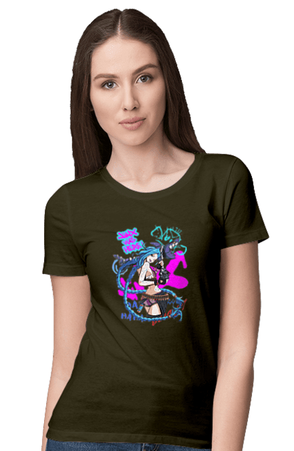 Women`s t-shirt with prints Arcane. Animated series, arcane, fantasy, fortiche, jinx, league of legends, riot games, violet. 2070702