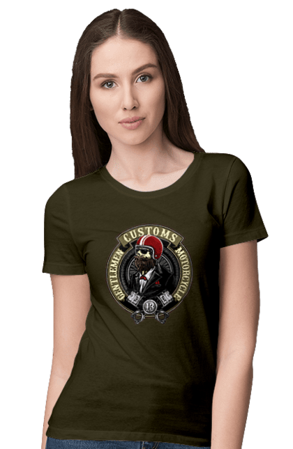 Women`s t-shirt with prints Gentlemen motorcycle. Gentleman, helmet, motorcycle, skull. 2070702