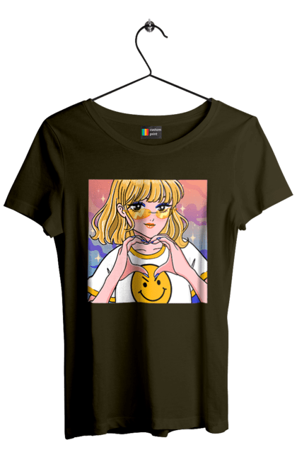 Футболка жіноча з принтом "Жовта Дівчинка". Аніме, дівчинка, смайл. 2070702