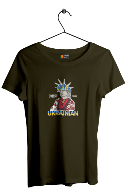 Women`s t-shirt with prints UA & NY. Embroidered shirt, new york, statue of liberty, ukraine, wreath. 2070702