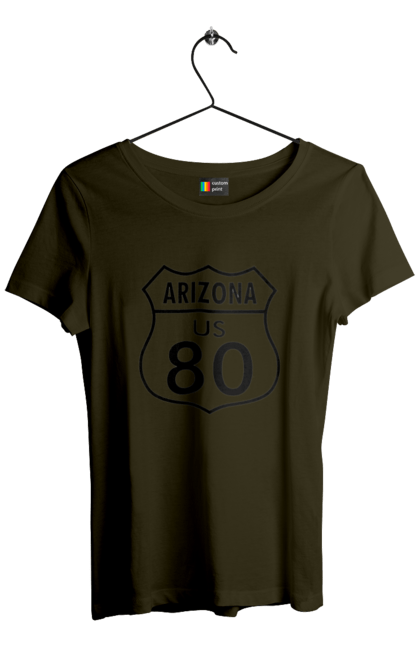 Women`s t-shirt with prints Route 80. Bike, biker, biker club, bikers club, brother, brutal, dude, hot asphalt, hot horse, hot rod, motorcycle, motorcyclist, real man, road 50, road 66, road 80, roads of america, roads of ukraine, roads we choose, speed, take, thirst for speed. 2070702