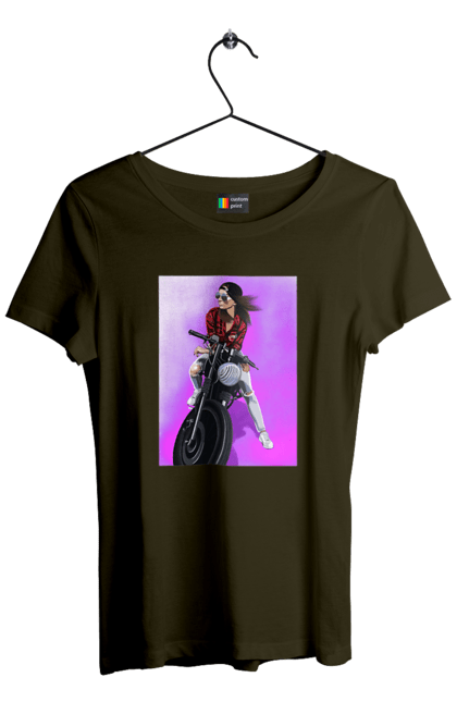 Футболка жіноча з принтом "Дівчина Байкер". Байк, байкер, гонка, дівчина, мото, мотор, мотоцикл, поїздка, стиль, стиль життя. 2070702