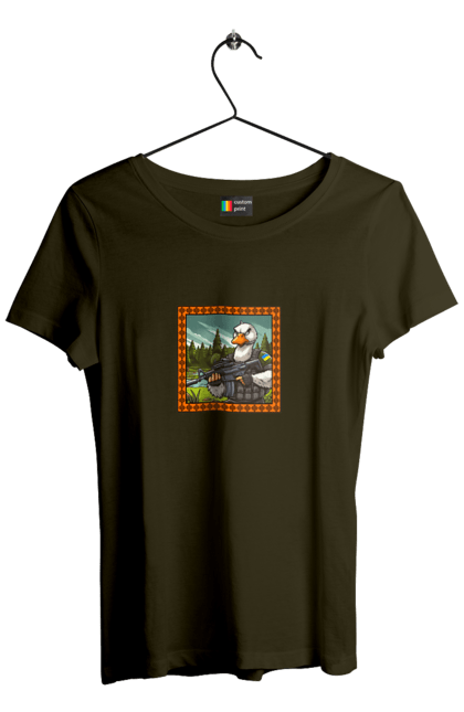 Футболка жіноча з принтом "Гусячий десант". Біологічна зброя, бойові гуси, військовий гусак, гусячий десант, зброєні сили, прапор, символіка, україна. 2070702