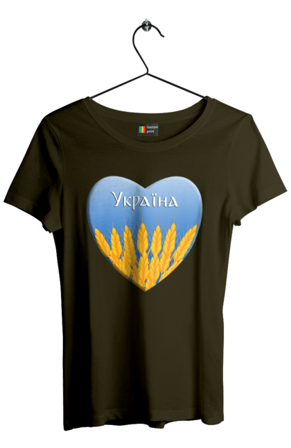 Футболка жіноча з принтом "Серце з колосками Україна". Воля, колоски, небо, перемога, прапор україни, пшениця, серце, символ україни, україна. 2070702