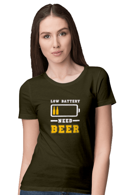 Футболка жіноча з принтом "Low battery need beer". Алкоголь, брутальні, літні, пиво, прикольні принти, чоловічі. 2070702