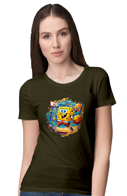 Women's t-shirt with prints SpongeBob. Animated series, ball, basketball, cartoon, spongebob, spongebob squarepants, sport. 2070702