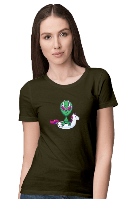 Women`s t-shirt with prints Alien Floats In A Circle. Alien, inflatable circle, to swim. 2070702