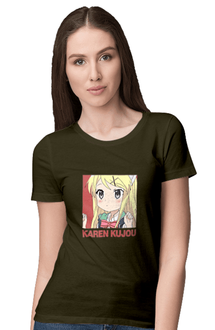 Women's t-shirt with prints Kiniro Mosaic Karen Kujo. Anime, gold mosaic, karen, karen kujo, kiniro mosaic, kinmoza, manga. 2070702