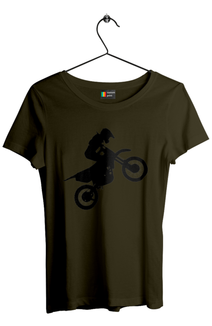 Футболка жіноча з принтом "Силует Мотоцикліста". Мотоцикл, мотоцикліст, шолом. 2070702