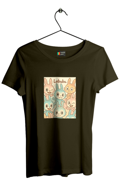 Футболка жіноча з принтом "Лабубу". Безтурботно, грайливо, дизайнперсонажу, каваї, лабубу, милі мистецтво, ніжні відтінки, пастельніквіти, стиль мультфільму, чарівно. 2070702