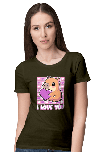 Women`s t-shirt with prints Capybara in love. Capybara, cute animals, hearts, i love you, love, romance, romantic gift, valentine, valentine`s day. 2070702