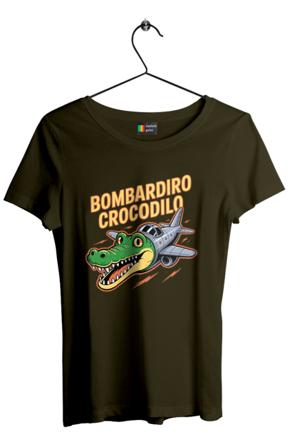 Футболка жіноча з принтом "Bombardino Crocodilo". Bombardino, bombardino crocodilo, crocodilo, бомбардиро крокодило, бомбардіно крокоділо, крокодил, крокодил літак, крокодил мем, мем бомбардине крокодило, меми. 2070702
