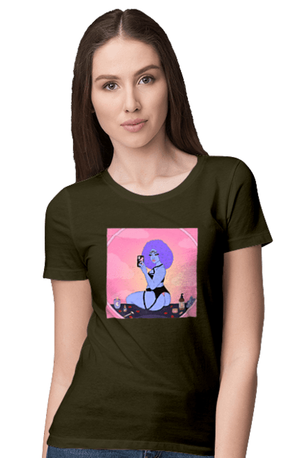 Women`s t-shirt with prints Purple Girl Photo In The Mirror. Mirror, whiteness. 2070702