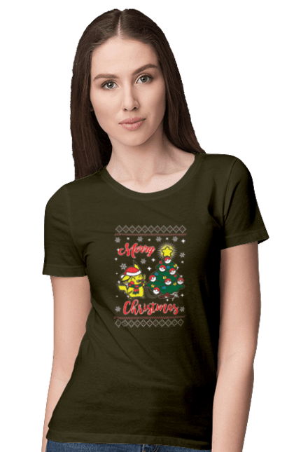Women`s t-shirt with prints Pikachu Merry Christmas. Anime, christmas, game, manga, merry christmas, nintendo, pikachu, pokemon. 2070702