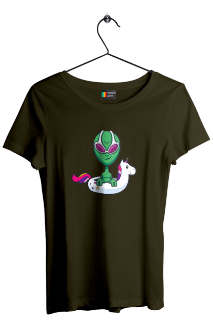 Women`s t-shirt with prints Alien Floats In A Circle. Alien, inflatable circle, to swim. 2070702