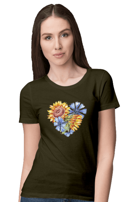 Футболка жіноча з принтом "Серце соняшники та фіалки". Квіти, люблю україну, любов, серце, соняшник, україна, фіалки. 2070702