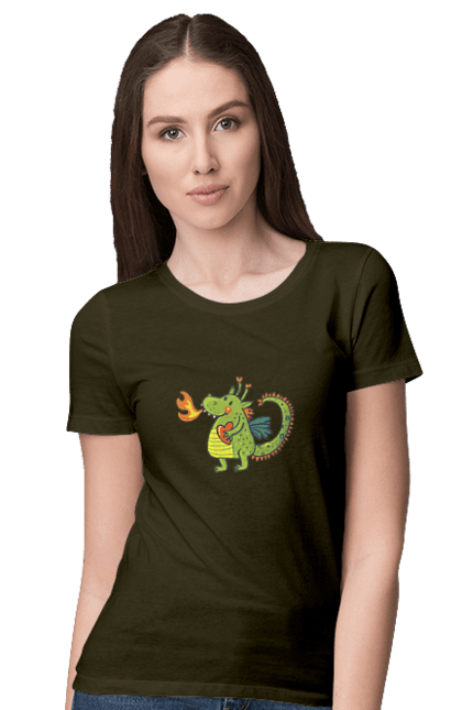 Women's t-shirt with prints Dragon in love. Dragon, fire, green dragon, heart, hearts, love, new year, symbol 2024. 2070702