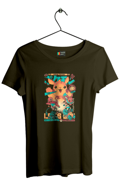Women`s t-shirt with prints Pokemon. Adventure master, adventures in youth, anime, boy eh, combat dimension, diamond and pearls, fate of rivals, galactic battles, games, pokemon, pokemon bulbasaurus, pokemon charmander, pokemon series, pokemon squirt, white and black, x and y, xy z. 2070702