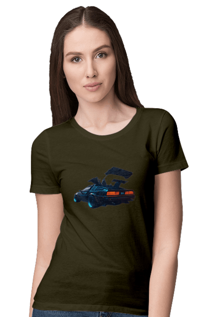 Women`s t-shirt with prints DeLorean from back to the future. Car, delorean, from film. 2070702