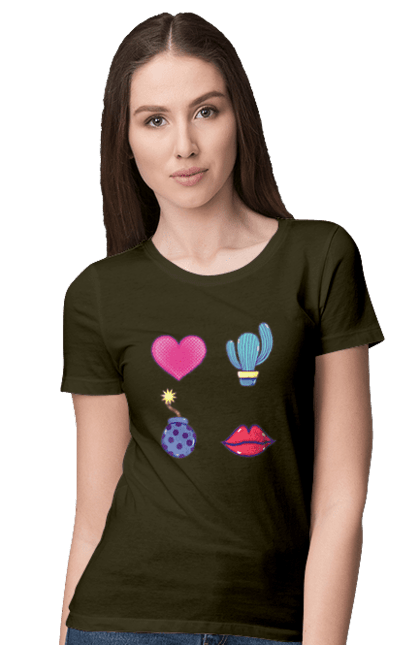Women`s t-shirt with prints Heart, Cactus, Bomb, Lips. Bomb, cactus, lips. 2070702