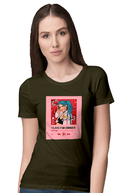 Women`s t-shirt with prints I Live For Danger. Anime, music, pistol, turntable. 2070702