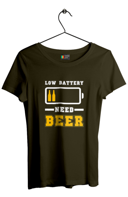 Футболка жіноча з принтом "Low battery need beer". Алкоголь, брутальні, літні, пиво, прикольні принти, чоловічі. 2070702