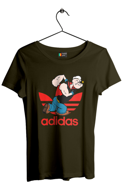 Футболка женская с принтом Adidas Моряк Попай. Adidas, popeye the sailor, адидас, комикс, моряк, мультфильм, сериал, трубка. 2070702