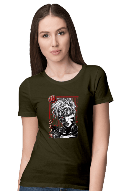 Women's t-shirt with prints One Punch Man Genos. Anime, comedy, cyborg, demon, demon cyborg, genos, manga, one punch man, parody, superheroes. 2070702