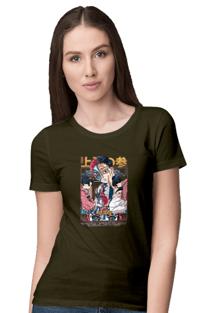 Women's t-shirt with prints Demon Slayer Akaza. Akaza, anime, demon slayer, kimetsu no yaiba, manga, nezuko, serial. 2070702