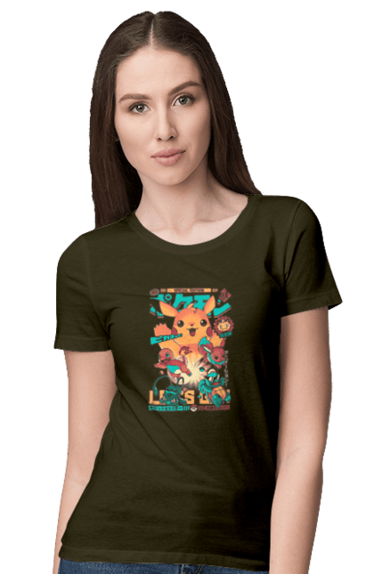 Women`s t-shirt with prints Pokemon. Adventure master, adventures in youth, anime, boy eh, combat dimension, diamond and pearls, fate of rivals, galactic battles, games, pokemon, pokemon bulbasaurus, pokemon charmander, pokemon series, pokemon squirt, white and black, x and y, xy z. 2070702