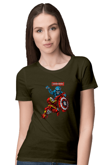 Women's t-shirt with prints Iron Man vs Captain America. Avengers, captain america, civil war, comic, comics, film, iron man, marvel, marvel comics, tony stark. 2070702