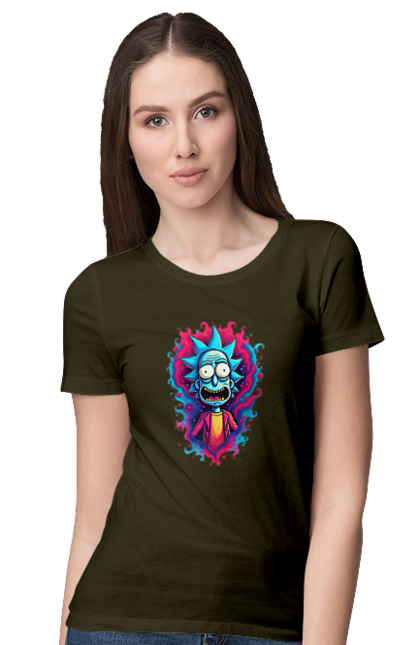 Women's t-shirt with prints Rick and Morty. Adventures, black humor, cartoon, rick, rick and morty, sci-fi, tragicomedy. 2070702