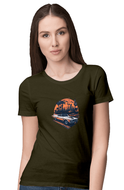 Women`s t-shirt with prints Beautiful car at sunset. Auto, sun, sunset. 2070702