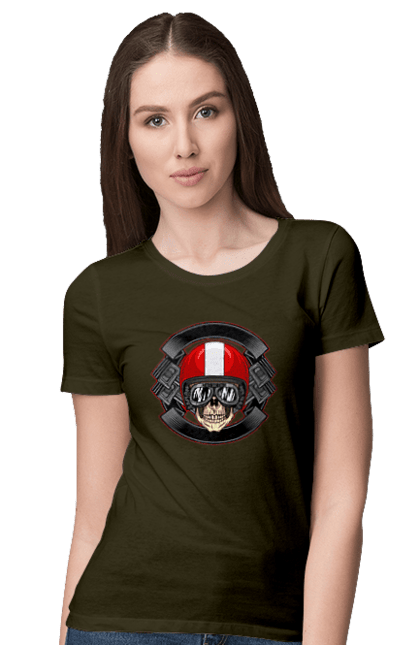 Women`s t-shirt with prints skull motorcyclist. Helmet, motorcyclist \, skull. 2070702