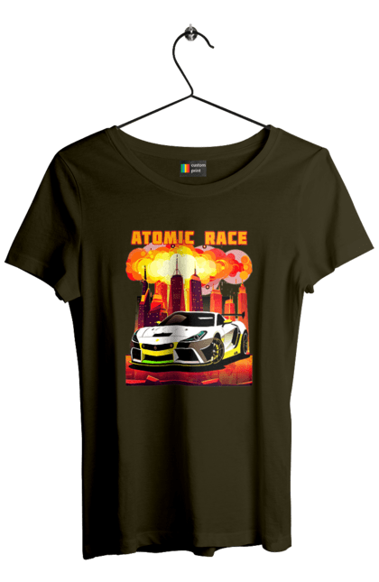 Футболка жіноча з принтом "Атомна гонка". Авто, автомобіль, атомні перегони, гонки, гоночні машини, спортивна машина, спорткар. 2070702