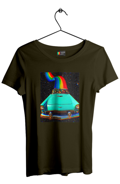 Футболка жіноча з принтом "Картина, машина у космосі". Веселка, картина, космос, машина, подорожі, поїздка, прикол, ретро. 2070702