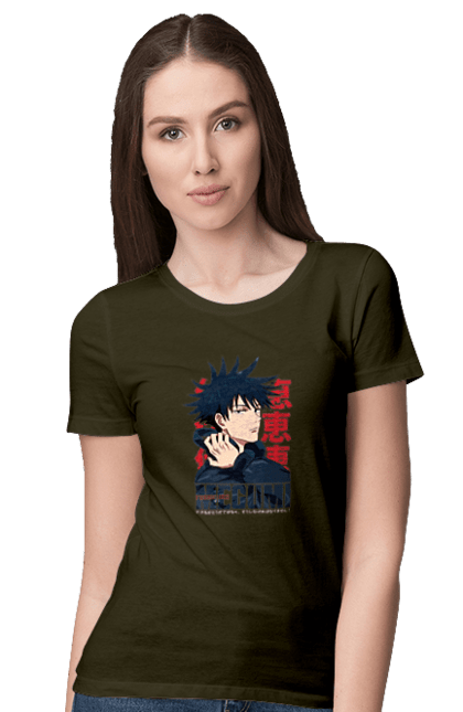 Women's t-shirt with prints Jujutsu Kaisen Megumi. Anime, dark fantasy, fushiguro, fushiguro megumi, jujutsu kaisen, magic battle, manga, megumi, mystic. 2070702