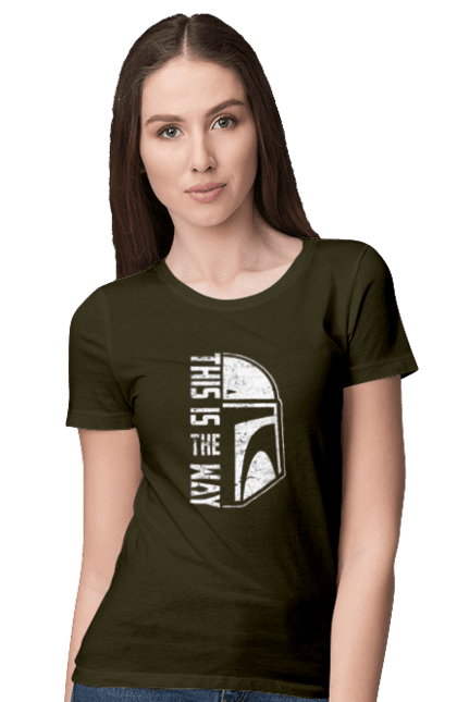 Women's t-shirt with prints This is the way. Baby yoda, cinema, disney, distressed, mandalorian, mandalorian helmet, movies, star wars, television series. 2070702