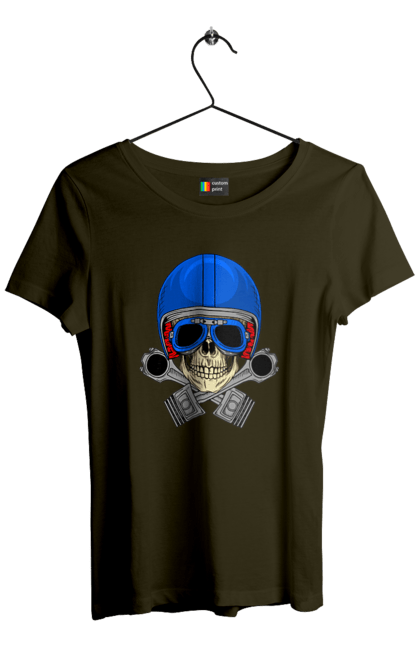 Футболка жіноча з принтом "череп мотолюбитель". Байкер, окуляри, череп, шолом. 2070702