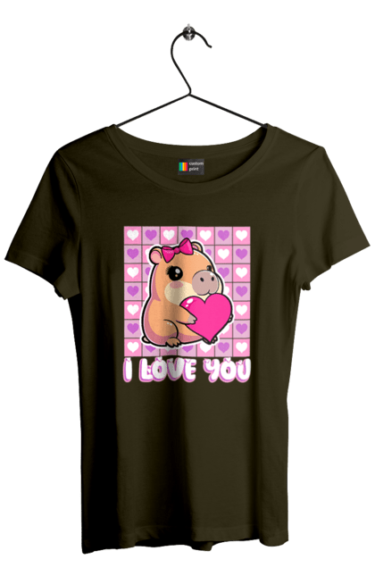 Women`s t-shirt with prints Capybara in love. Capybara, cute animals, hearts, i love you, love, romance, romantic gift, valentine, valentine`s day. 2070702