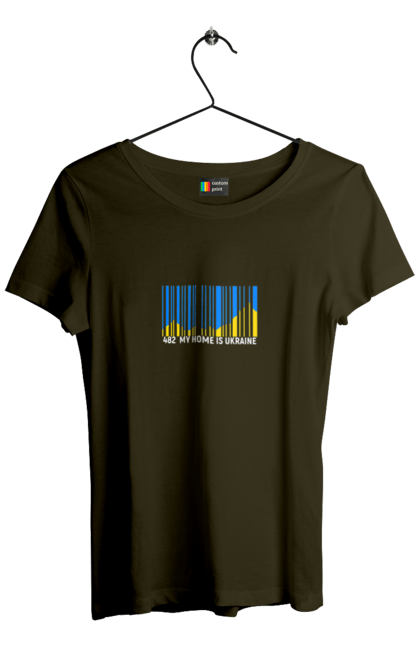 Women`s t-shirt with prints My home is Ukraine. Bar code, blue sky, home, mountains, my country, my house, state mark, ukraine. 2070702