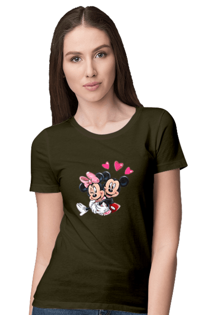 Футболка женская с принтом Микки Маус и Минни Маус. Mickey mouse, minnie mouse, дисней, микки, микки маус, минни маус, мультфильм. 2070702