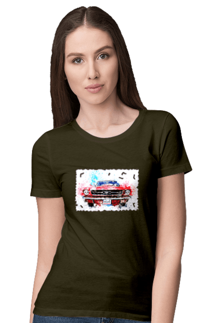 Women`s t-shirt with prints Mustang car. Car, donations, help, horse, mustang, mustang car, paypal, road, ukraine, wheel. 2070702