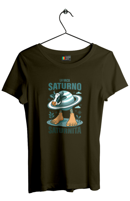 Футболка жіноча з принтом "Lavaca Saturno Saturnita". Брейнрот, італійська гнилизна мозку, італійський брейнрот, італійський мем, італійські меми, корова сатурн, ла вака, ла вака сатурно, лавака сатурно, сатурно сатурніто. 2070702