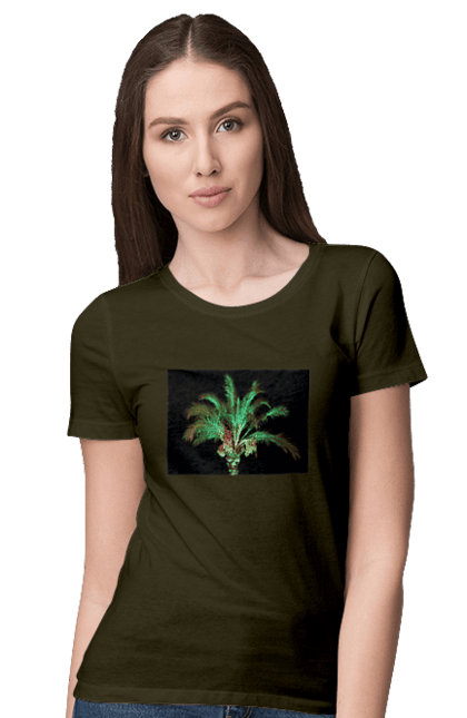 Women`s t-shirt with prints Date Palm At Night. Adventure, black, coast, date, green, island, night, oasis, ocean, palm, recreation, sea, sky, south, travel, tropics, vacation. 2070702