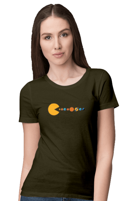 Women`s t-shirt with prints Pac Man Planets. Arcade video game, atari, japanese video game, maze, namco, pac man, planets, solar system, space, video game. 2070702