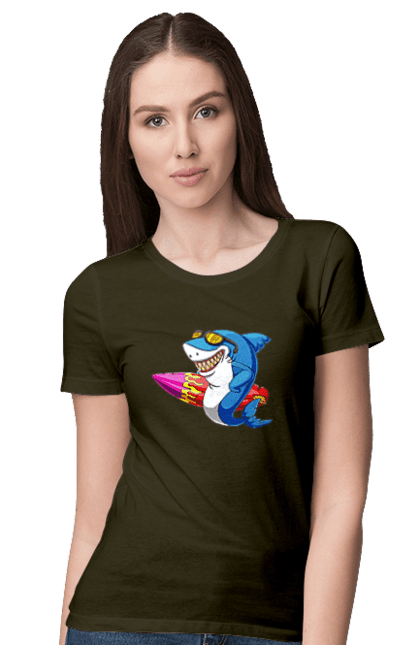 Women`s t-shirt with prints Shark With Glasses Surfing. Glasses, shark, summer, surfing. 2070702