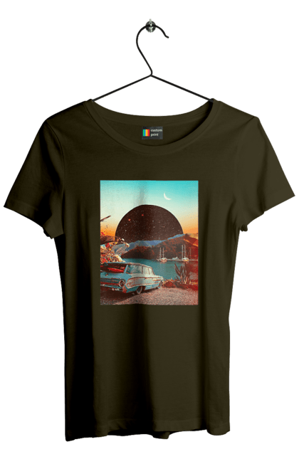 Футболка жіноча з принтом "Картина, машина біля річки". Картина, машина, планета, прикол, ретро, річка. 2070702