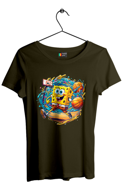 Women's t-shirt with prints SpongeBob. Animated series, ball, basketball, cartoon, spongebob, spongebob squarepants, sport. 2070702