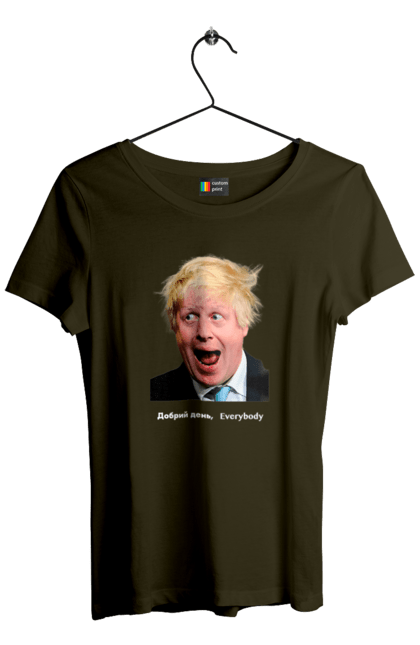 Футболка жіноча з принтом "Добрий день everybody". Everybody, himars, m270, англія, боря, джонсон, джонсонюк, добрий вечір, добрий день everybody, доброго вечора, друг україни, кращий друг, прем`єр-міністр, рука допомоги, справжній друг, справжній міністр. 2070702